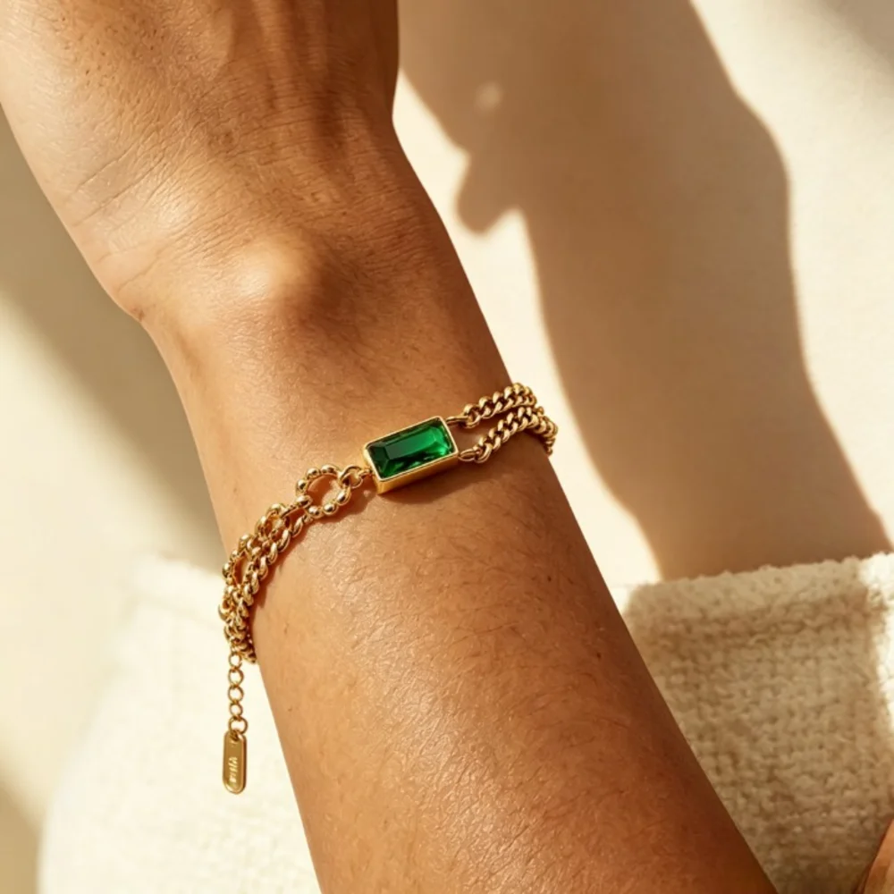 Rectangular Green Zircon Soft Chain Bracelet Stainless Steel Double‑Layer Stackable Bracelet Exquisite Versatile Minimalist Fash