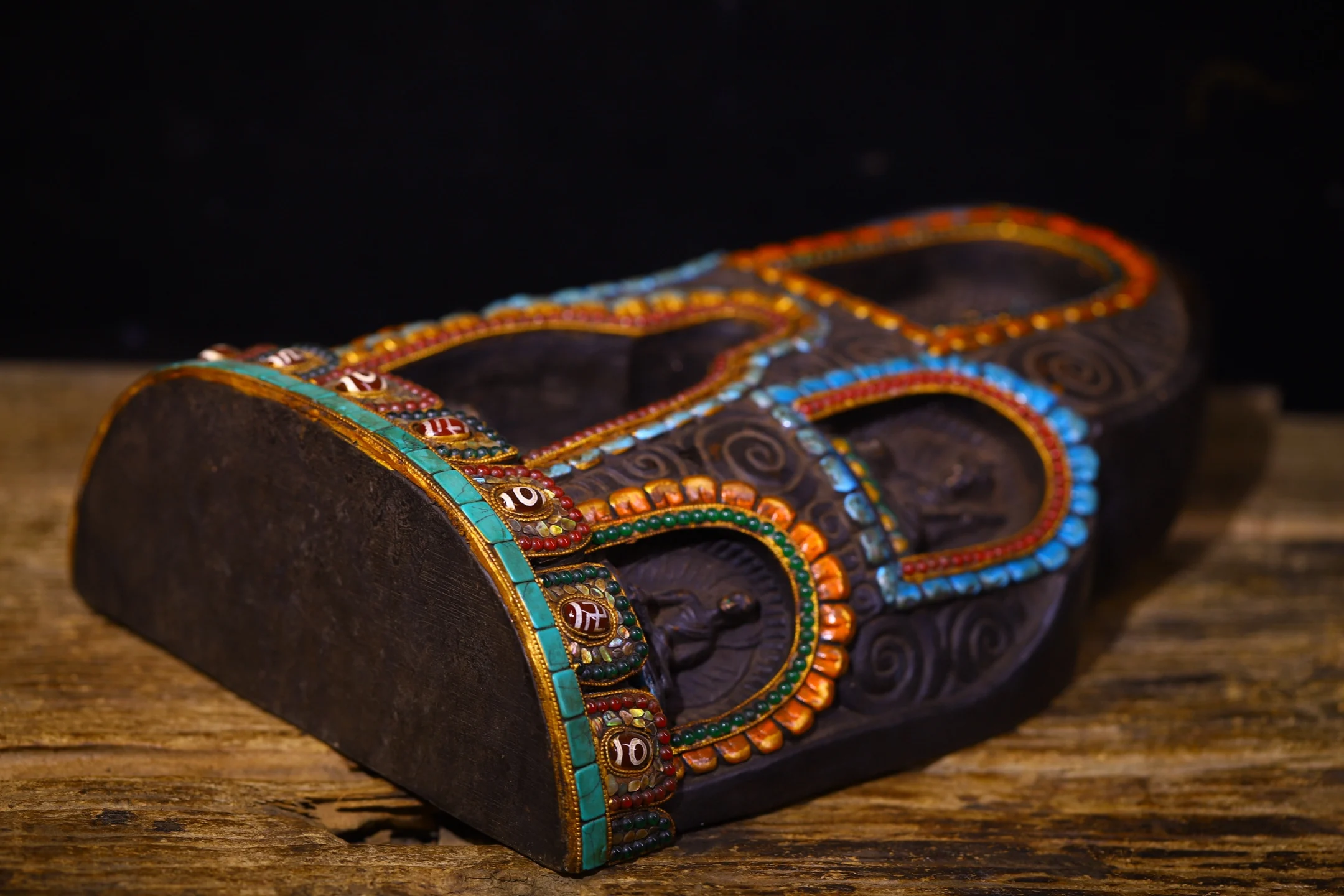 

13"Nepalese folk Old Bodhi Root Wood Painted Mosaic Gem gZi Beads Shell Yamantaka Shakyamuni Buddha Buddhist Niche