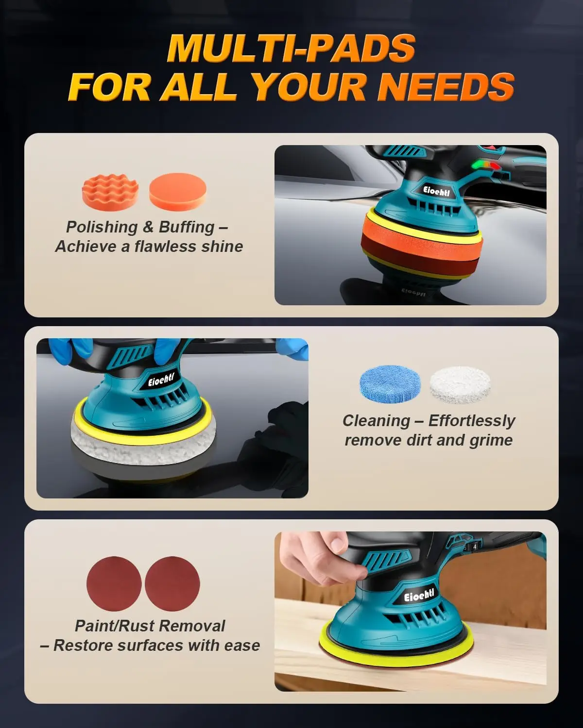 เครื่องขัดสีไร้สายขนาด 6 นิ้ว, 21V 2000mAh, อุปกรณ์เสริม 13 ชิ้น, 5500 รอบต่อนาที, ปรับความเร็วได้สำหรับงานดูแลรักษารถยนต์