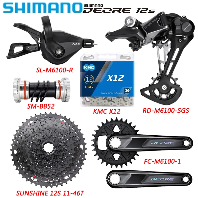 

SHIMANO DEORE M6100 Kit 1X12 Speed M6100 Rear Derailleurs FC-M6100 Crankset SUNSHINE 11-46/50/52T Cassette for MTB Bike Parts