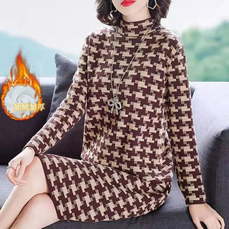 2023 Autumn and Winter Women's Half High Neck Long Sleeve Slim Printed Plaid Midi Elegant Fashion Casual Office Lady Dress