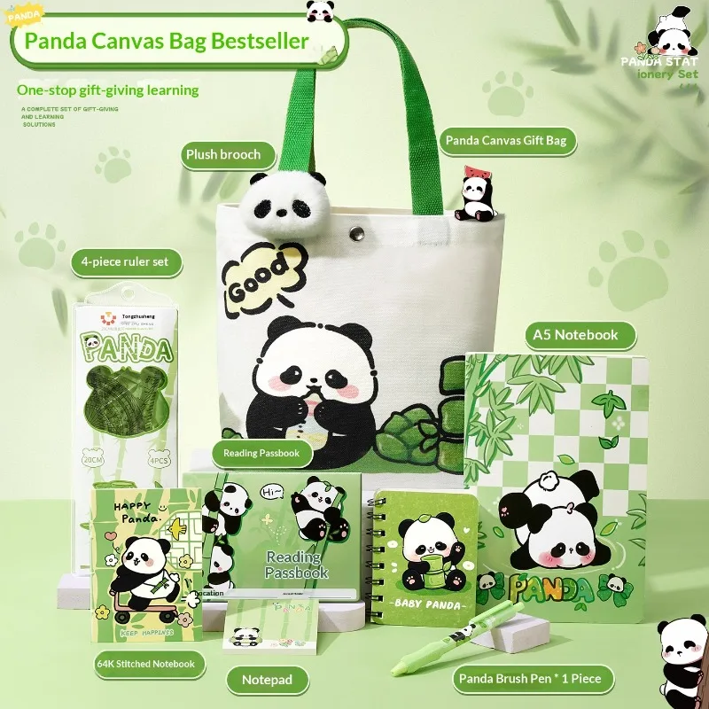 Cute panda canvas bag stationery set, practical New Year's Day gifts for primary school students, high-value kindergarten gifts
