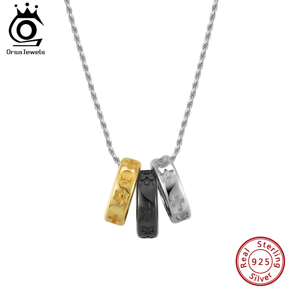 

ORSA JEWELS 925 Sterling Silver Personalized Circular Rings Pendant Choker Necklace Men Punk Collar Round Circle Necklace SNMN16