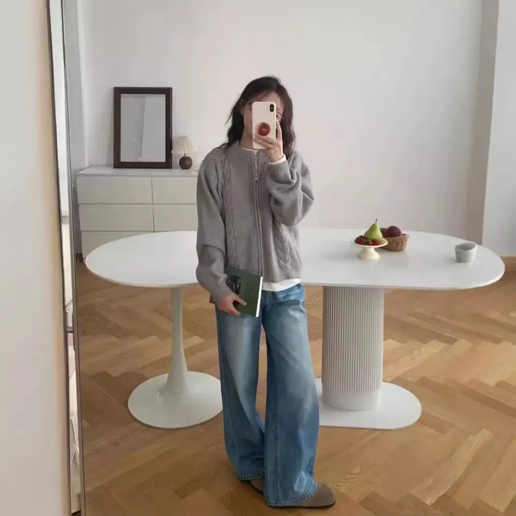 

Women's Korean Style Solid Color Zipper Twist Sweater Coat Simple Design Sense Autumn Winter All-match Open Cardigan