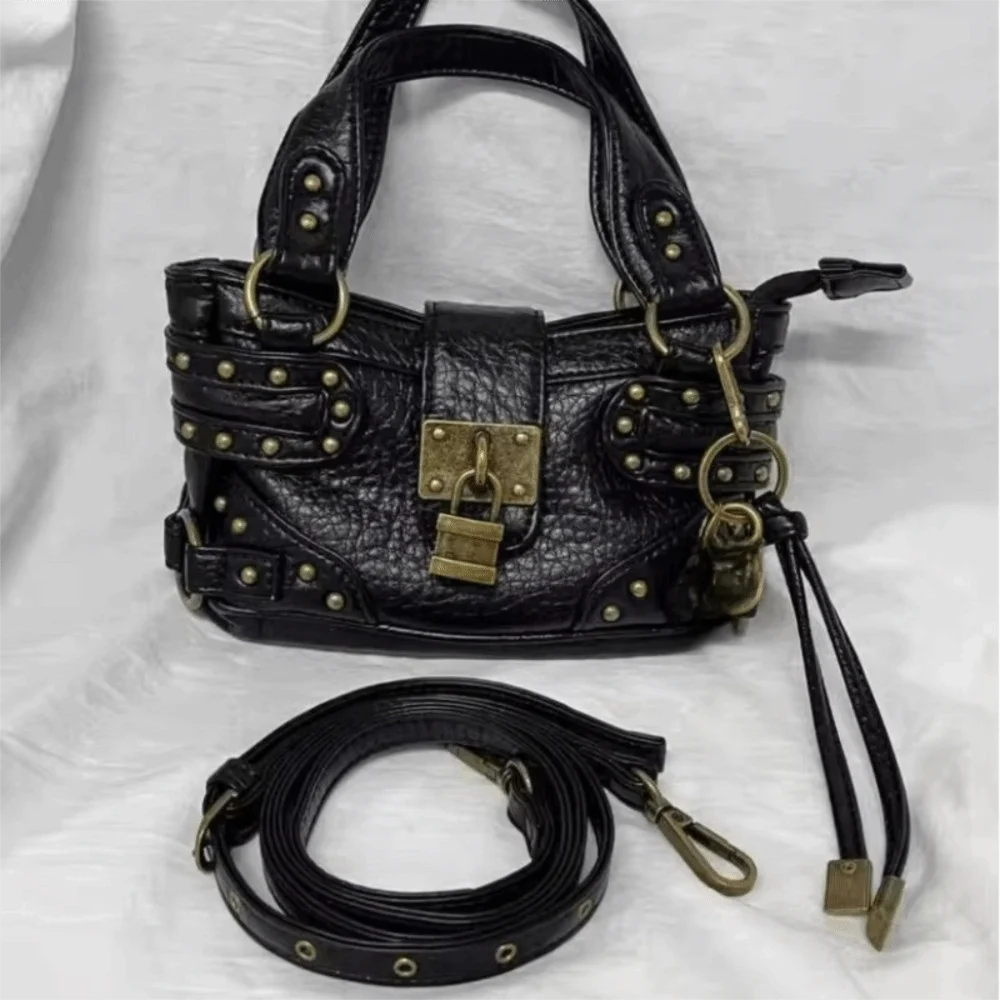 

Trendy Punk Style Shoulder Bag PU Leather Lock Design Small Tote Handbag Retro Rivet Armpit Purse for Women