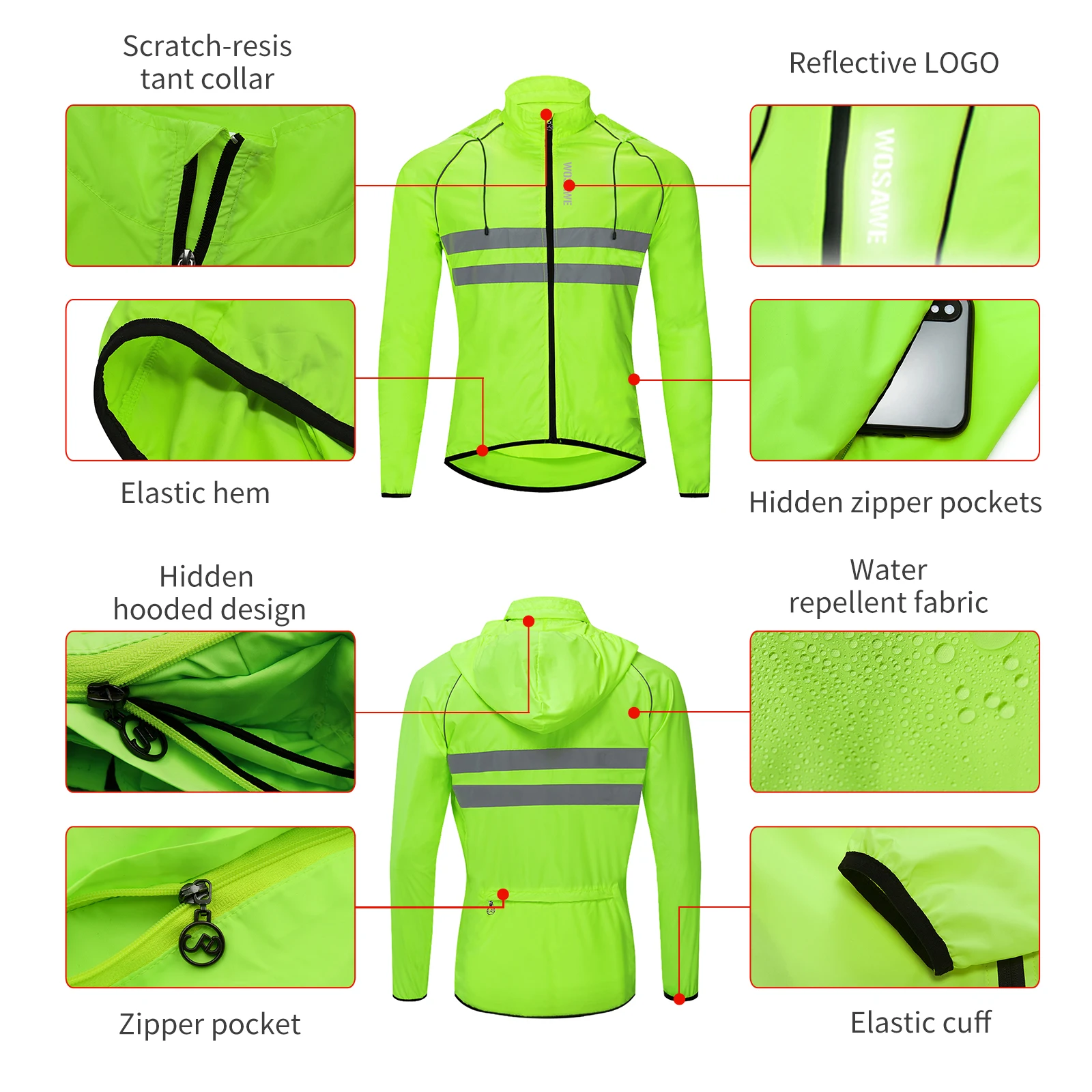 WOSAWE Ultralight Men\'s Cycling Windbreaker Reflective Jacket Windproof Water Resistant MTB Road Bicycle Long Jersey Wind Coat