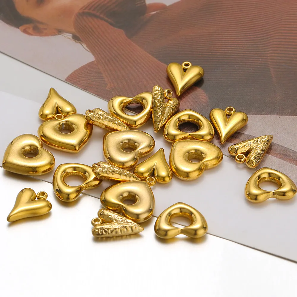 5pcs Stainless Steel 18k Gold Color 3D Heart Pendant for DIY Earrings Necklace Jewelry Making Bracelets Supplies Wholesale