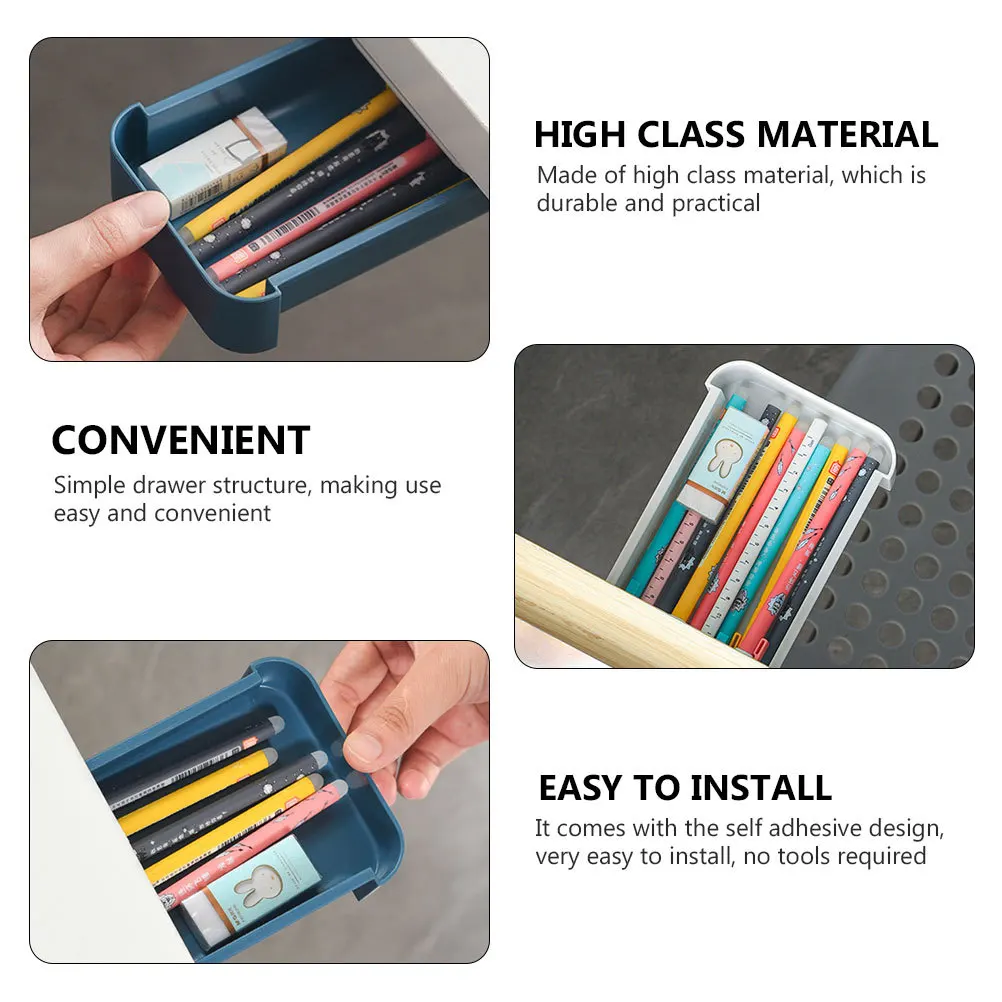 

2Pcs Under Desk Hidden Storage Boxes Self Adhesive Stationery Drawer Organizer Pen Holder for Classroom