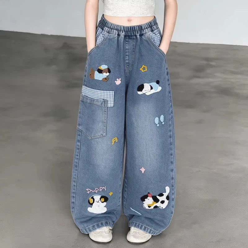 Fashion Spring Girls Loose Straight Jeans Teen Kids Autumn Wide Leg Denim Pants with Cartoon Towel Embroidery Children's Trouser