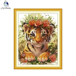 Joy Sunday Kit punto croce tigre con fiori modello HD tessuto stampato contati Canva Art Craft Aida 16/14CT Kit ricamo fai da te