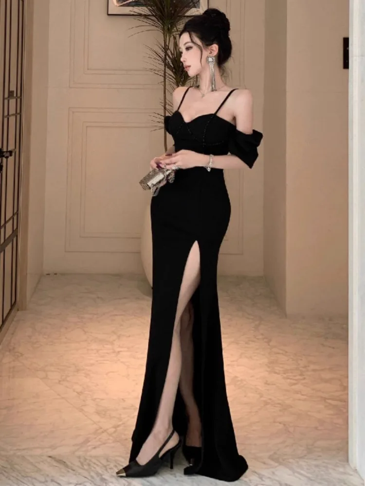 Ezgaga Irregular Dresses Women Sexy Off Shoulder Slim Split Backless Vintage Elegant Mermaid Dress Party Female Clubwear