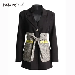 TWOTWINSTYLE-Chaqueta ajustada Vintage para mujer, Blazer de manga larga con cuello con muescas y cordones empalmados, ropa de moda