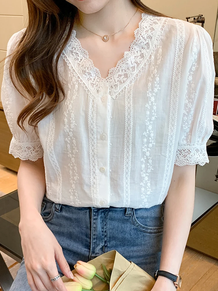 Summer Short Sleeve White Blouse Women Lace V-Neck Blouse Shirt Blusas Mujer De Moda 2024 Verano Women Tops Blouses Shirts F452