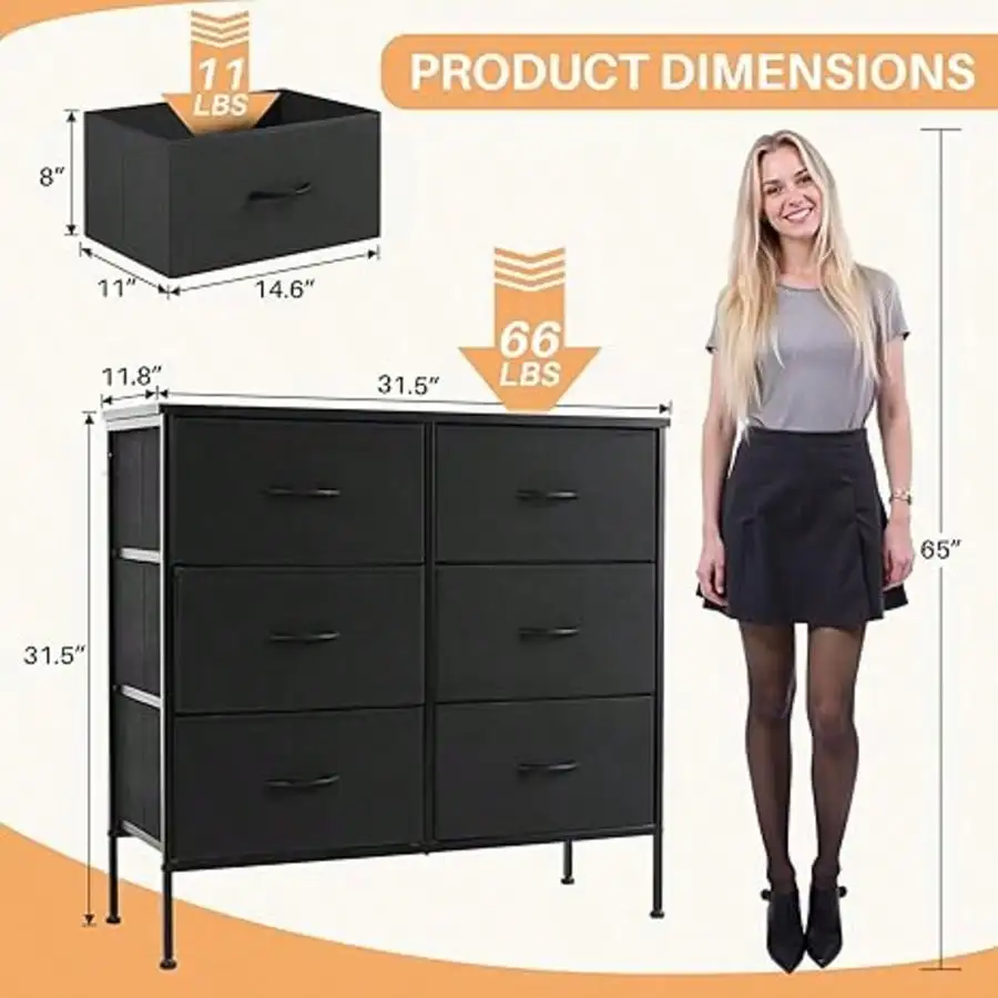 6‑Drawer Fabric Dresser Chest, Multi‑Purpose Storage Organizer, Works as TV Stand for Bedroom, Living Room & Kids Room