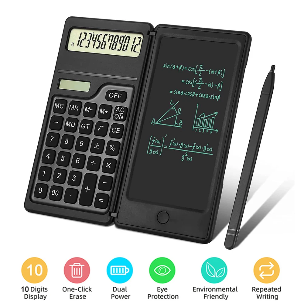 Foldable Calculator with 6 Inch LCD Writing Tablet Mute Desktop Calculator Solar/Battery Dual Powered for School Office Business