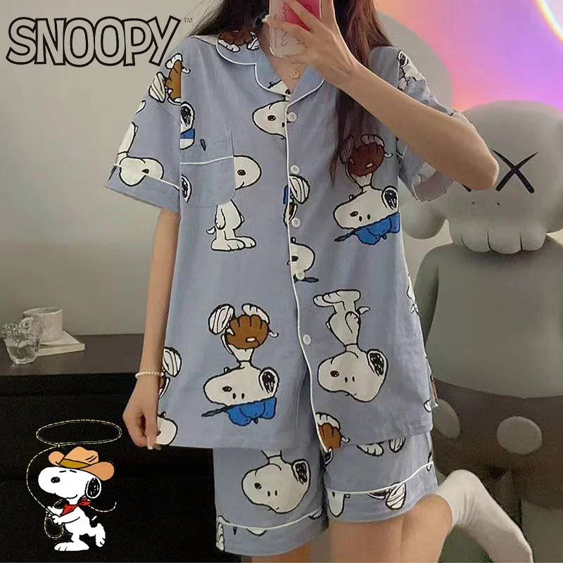 Snoopy Zomer Pyjama Dames Eenvoudige Mode Korte Mouwen Korte Broek Pyjama Set Leuke Cartoon Anime Print Thuis Leisure Kleding
