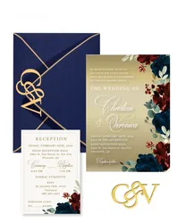 10PCS Mirror Gold Wedding Invitation Card Custom Flower Design White Words Printing with Royal Blue Envelop