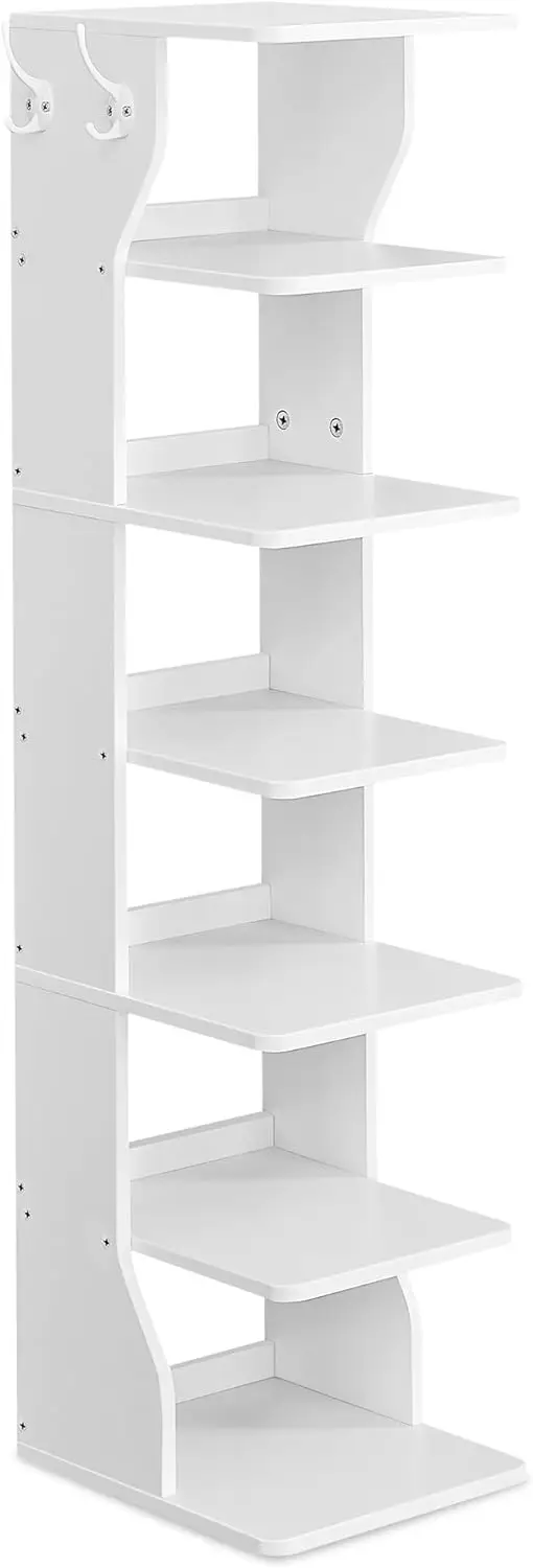 

7-Tier Slim Corner Shoe Rack with Hooks, Space-Saving Storage Organizer for Entryway and Bedroom in White