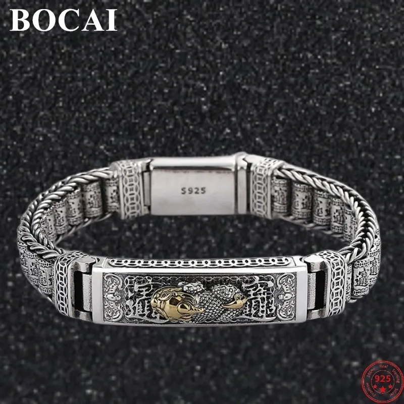 

BOCAI S925 Sterling Silver Charms Bracelets for Men the God of Wealth PiXiu Emboss Prayer Wheel Hand String Free Shipping