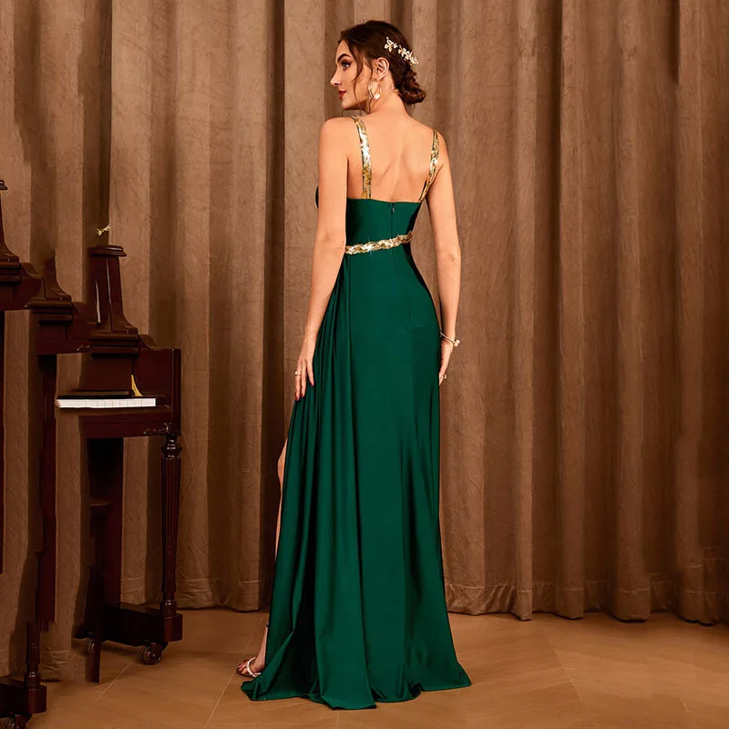 Hunter Green Long Mermaid Backless Evening Dress High Split Stunning Gold Straps 2024 High Quality Women Party Gowns