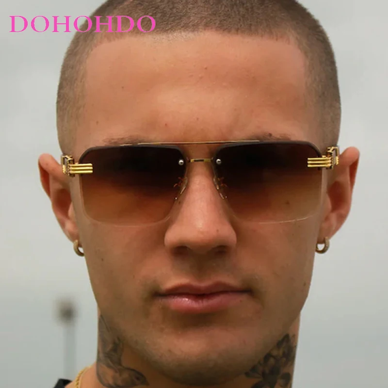 

Vintage Double Bridge Rimless Square Pilot Sunglasses Women Fashion Luxury Brand Design Men Shades Driving Travel Eyewear UV400