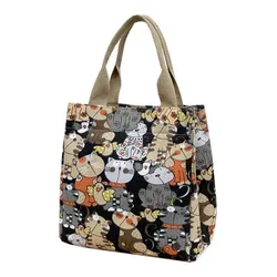 Borsa da pranzo con stampa di cartoni animati carini, borsa di tela portatile, borsa Casual da donna e borsa Tote per scuola, ufficio, borsa da Picnic