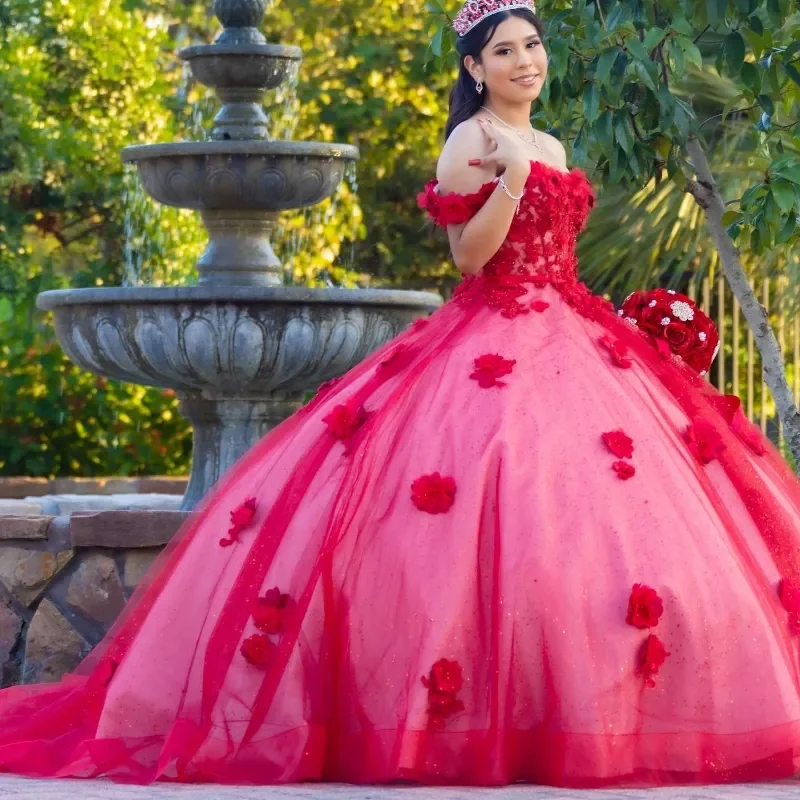 Customized Luxury Red Quinceanera Dress Ball Gown Princess Chapel Train Flower Tull Ruffle Off the Shoulder Sweet 15 16 Birthday