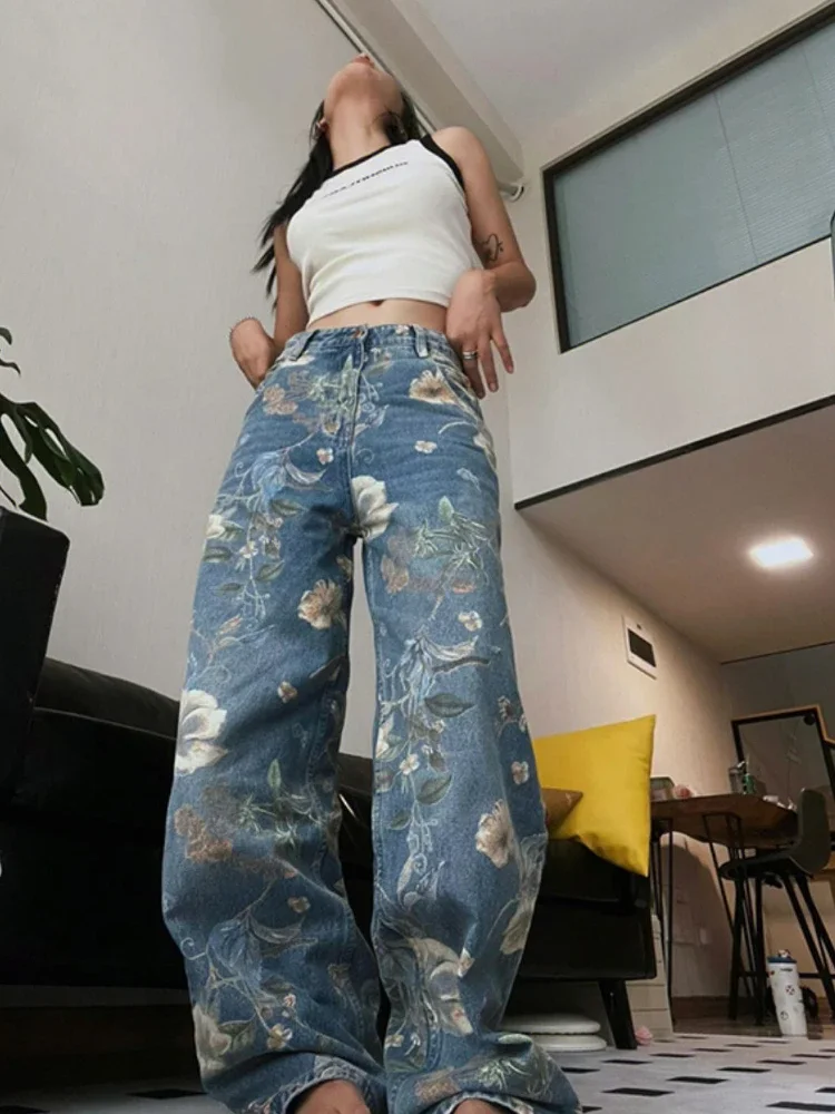 ADAgirl Floral Print High Waisted Jeans Women Y2k Pattern Wide Pants Streetwear Straight Fashion Harajuku Causal Hip Hop Style