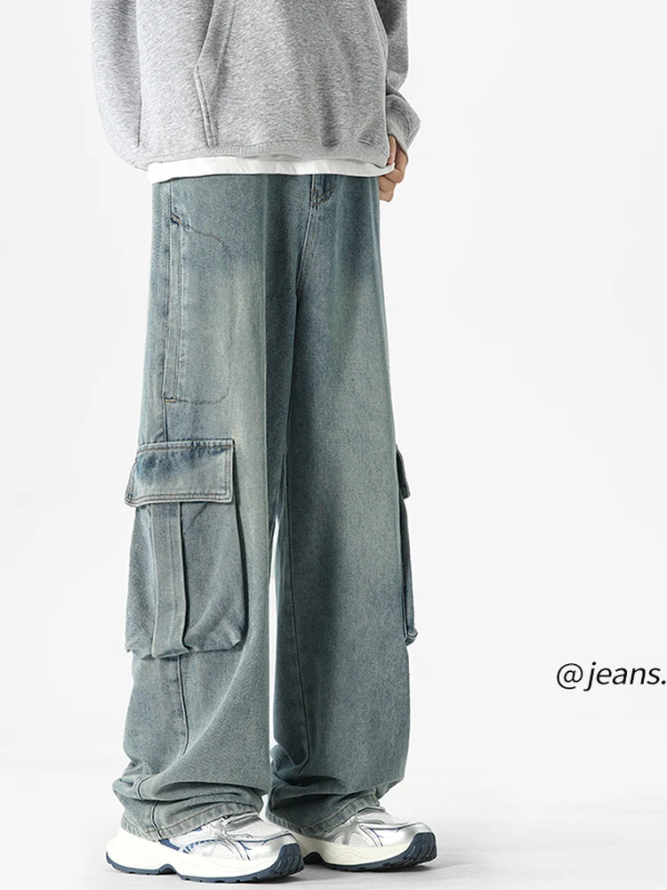 

Waed Workwear Sle American Casual Jeans Men's Loose Leggings with Big kets Retro Cotton Straight Cut Trousers