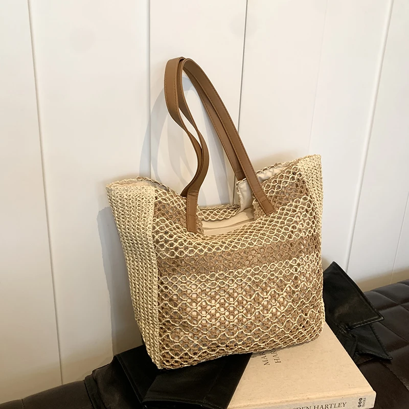 Summer Beach Vacation Grass Woven Bag for Women\'s 2024 New Commuter Shoulder Bag Hollow Woven Tote Bag