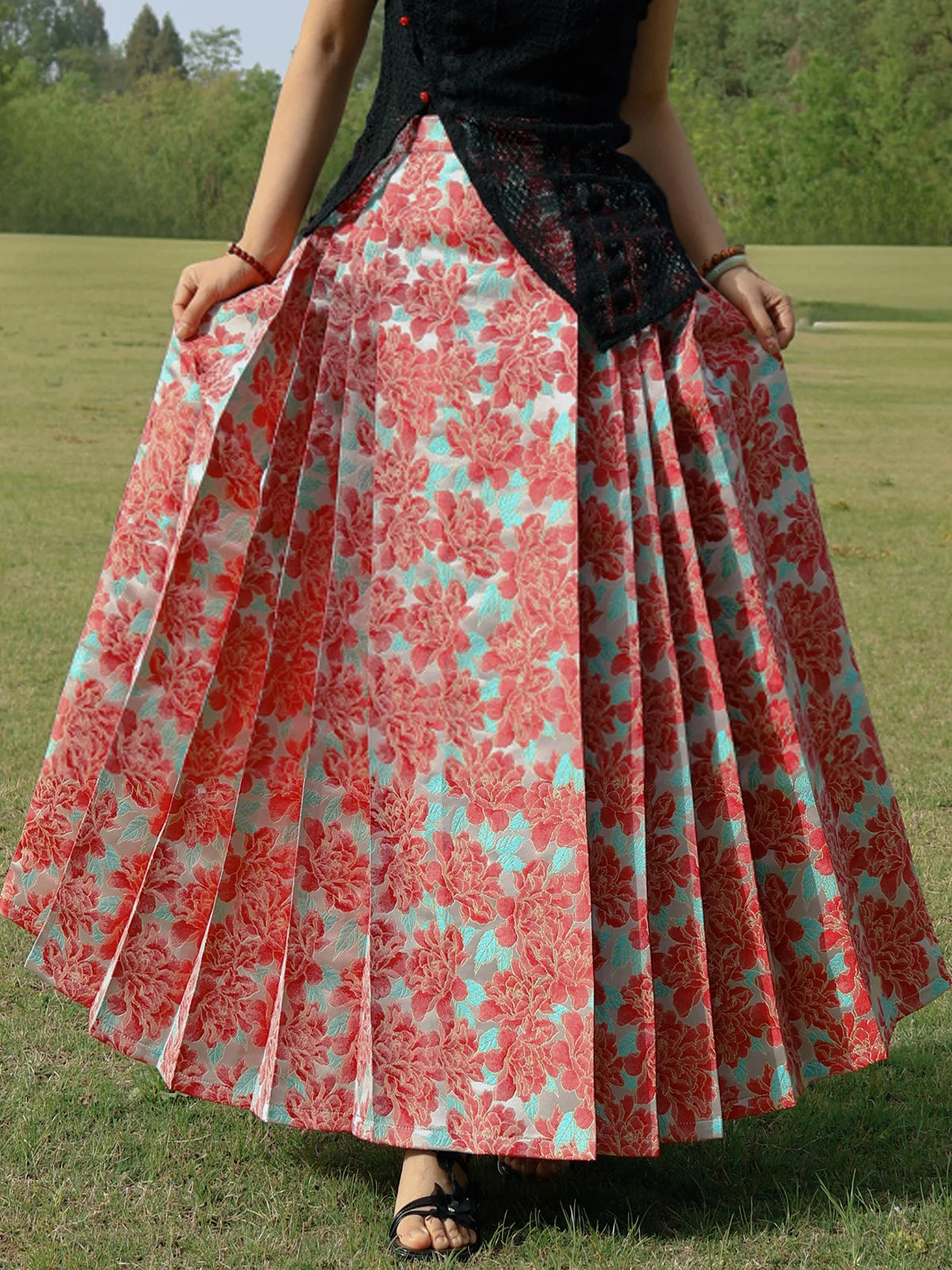 

Retro Embroidered f Skirt Peony Weave Gold Elastic Improved Size Large And Small Fi Real Big Fi High Waist A-Line Skirt