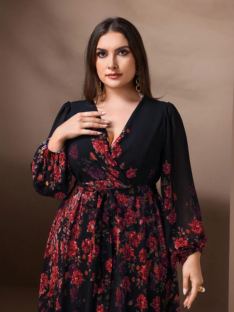 TOLEEN-Robe longue à manches longues et col en V pour femme, tenue de soirée élégante et décontractée, imprimé floral, grande taille, nouvelle collection printemps été 2024