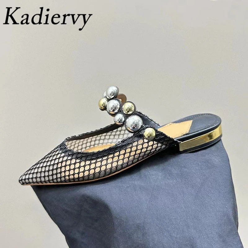 

Summer Slippers Woman Metal Rivet Genuine Leather Pointed Toe Runway Shoes Women Mesh Hollow Outs Slides Flat Slippers Women