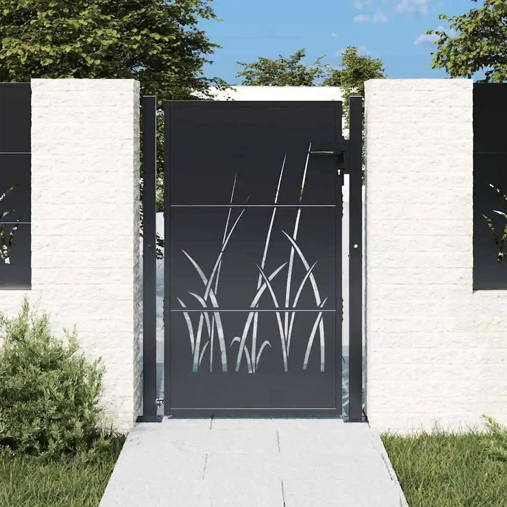 Portail de jardin en acier 100x150 cm, motif herbe découpé au laser avec écran d'intimité verrouillable, porte de clôture métallique robuste pour jardin, patio, balcon, gris anthracite