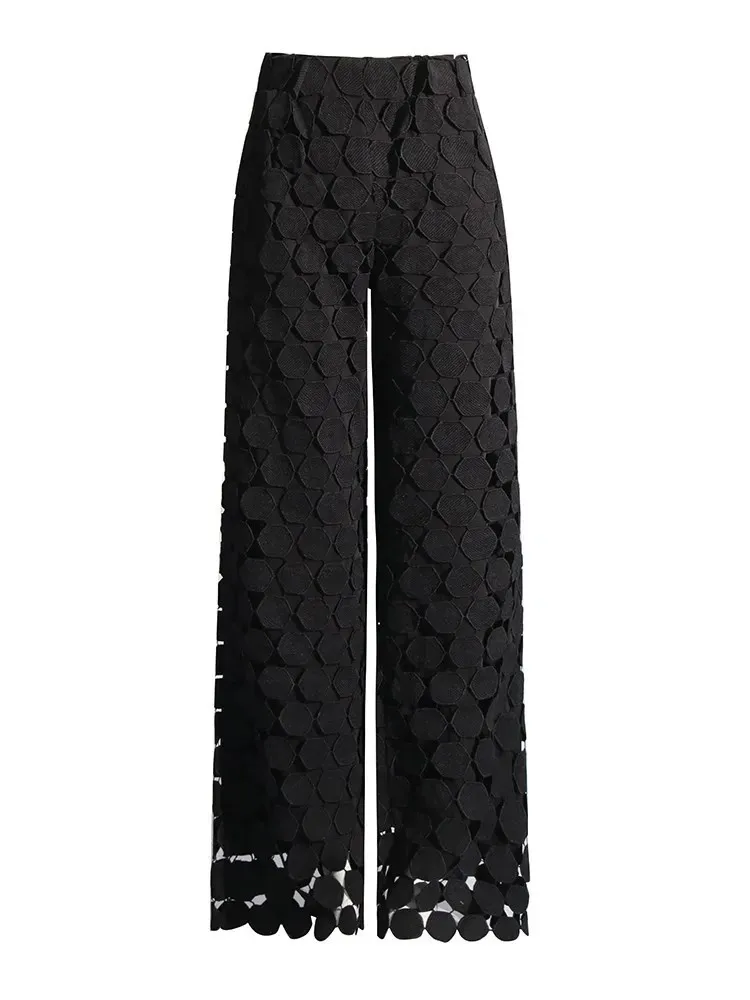 TWOTWINSTYLE Solid Designer Wide Leg Pants For Women High Waist Hollow Out Loose Casual Dot Trousers Female Fashion Clothes New