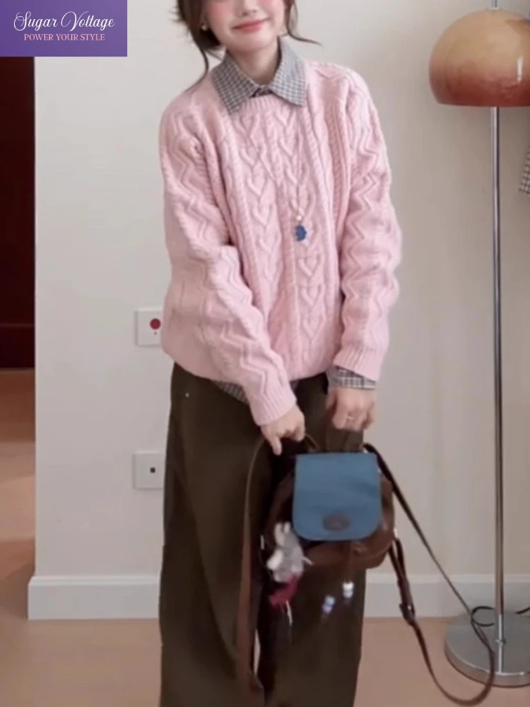 

Korean Fashion Soft Pink Cable Knit Soft Sweater Women Loose Long Sleeve Autumn Winter New Cozy Pullover Chic Lazy Style Outfit