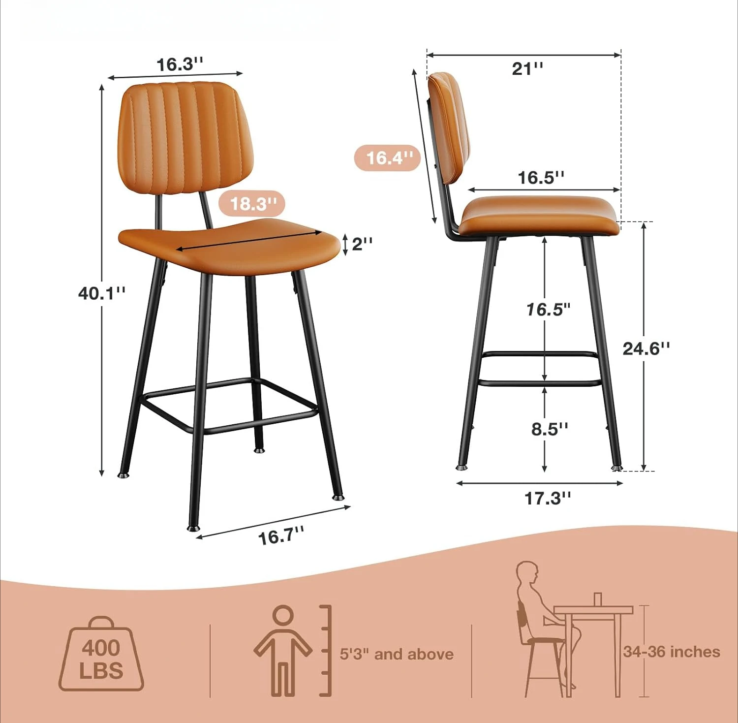 High Backrest Faux Leather Upholstered Counter Stools with Armless Footrest Modern Bar Chairs Tall Pub Stools for Kitchen Dining