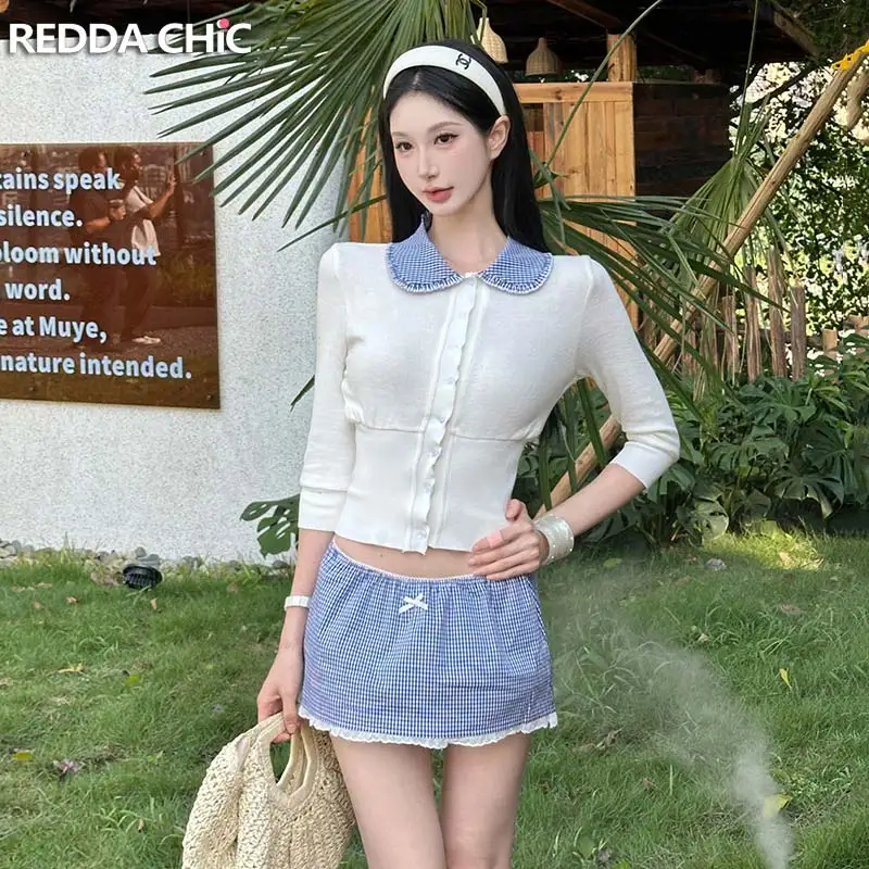 ReddaChic 3/4 Sleeve Top Plaid Skirt Women Matching Set Cutecore Knit Crop Blouse Lace Stitch Mini Skirt Vintage Fall Clothes
