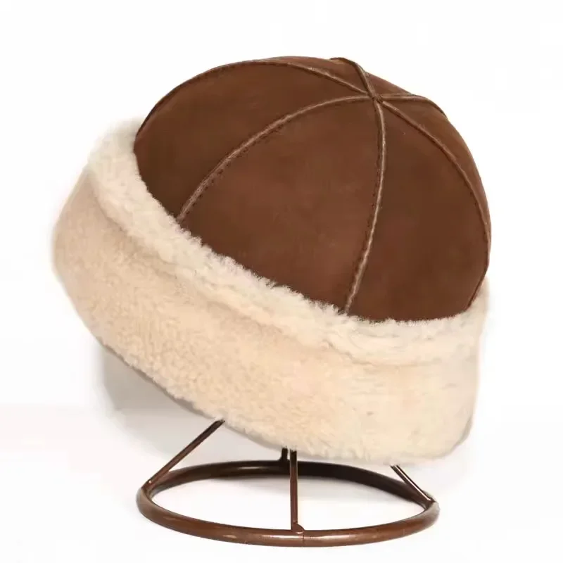 Retro Real Leather Hat Chinese style Hat Sheepskin Fur Cap Brimless Hat Warm Round Male Caps Fashion Winter And Autumn Luxury