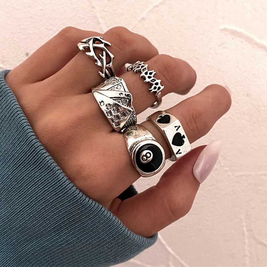 Punk Gothic Heart Ring Set for Women Flame Pentagram Vintage Spades Ace Silver Plated Retro Charm Billiards Finger Jewelry