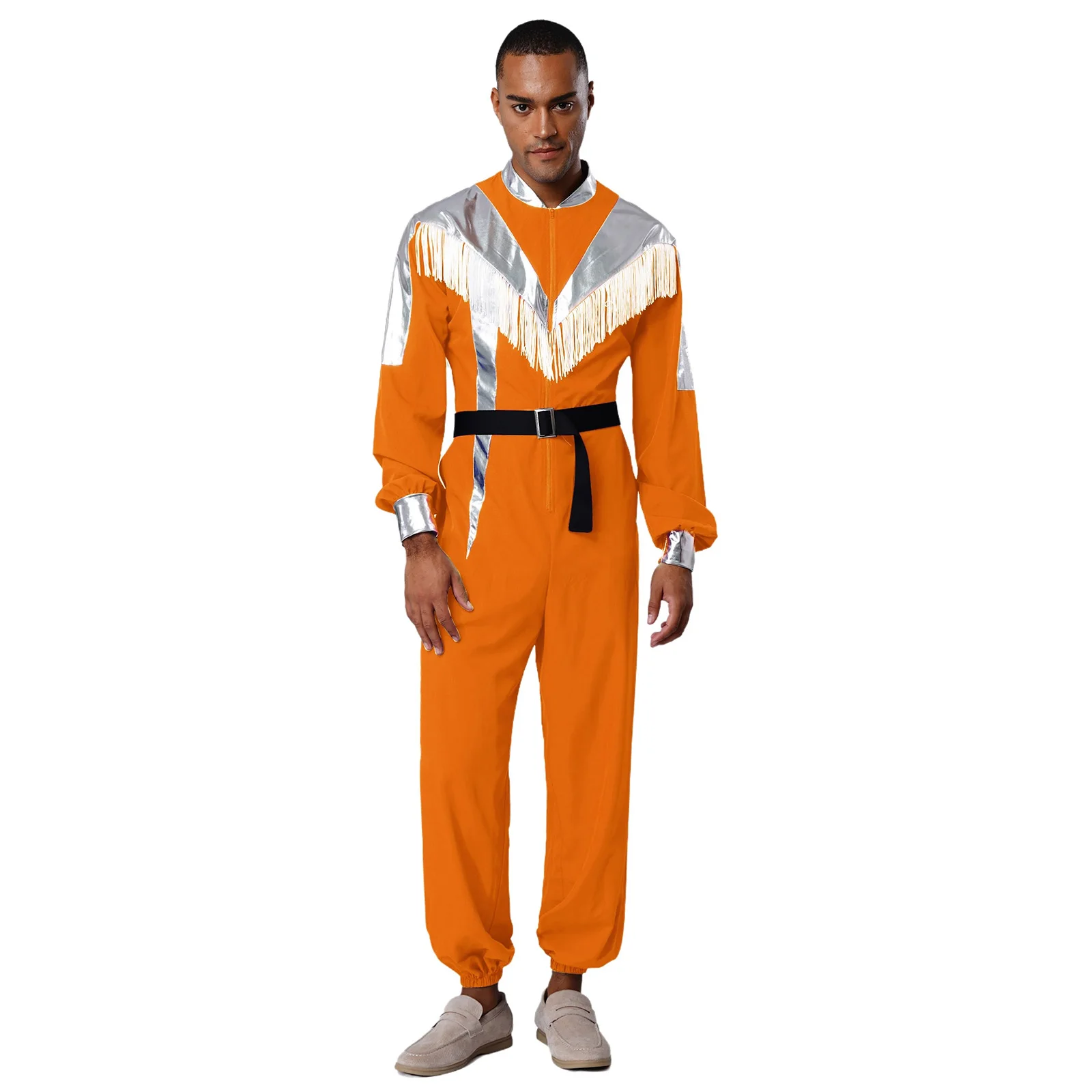 

Mens Interstellar Cowboy Jumpsuit Tassels Patchwork Front Zipper Long Sleeve Belted Romper Cosplay Rave Theme Party Costume