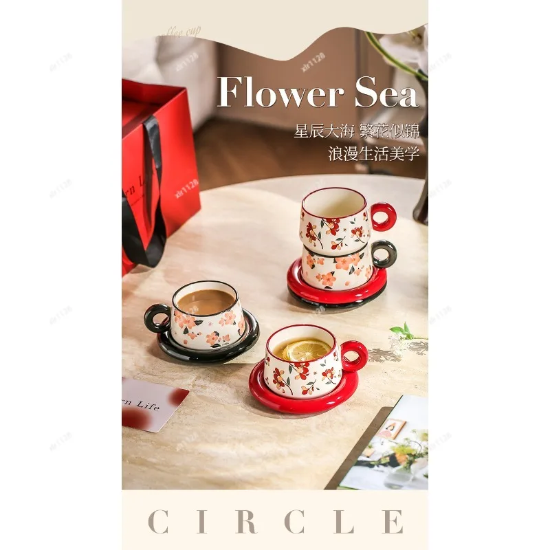 

Floral Pattern Ceramic Coffee Cup Set Elegant Gift Box For Wedding Housewarming