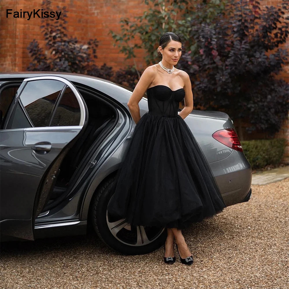 

FairyKissy Simple Black Tulle Prom Dress A Line Ankle Length Midi Women Formal Occasion Dress Corset Back Graduation Party Gowns