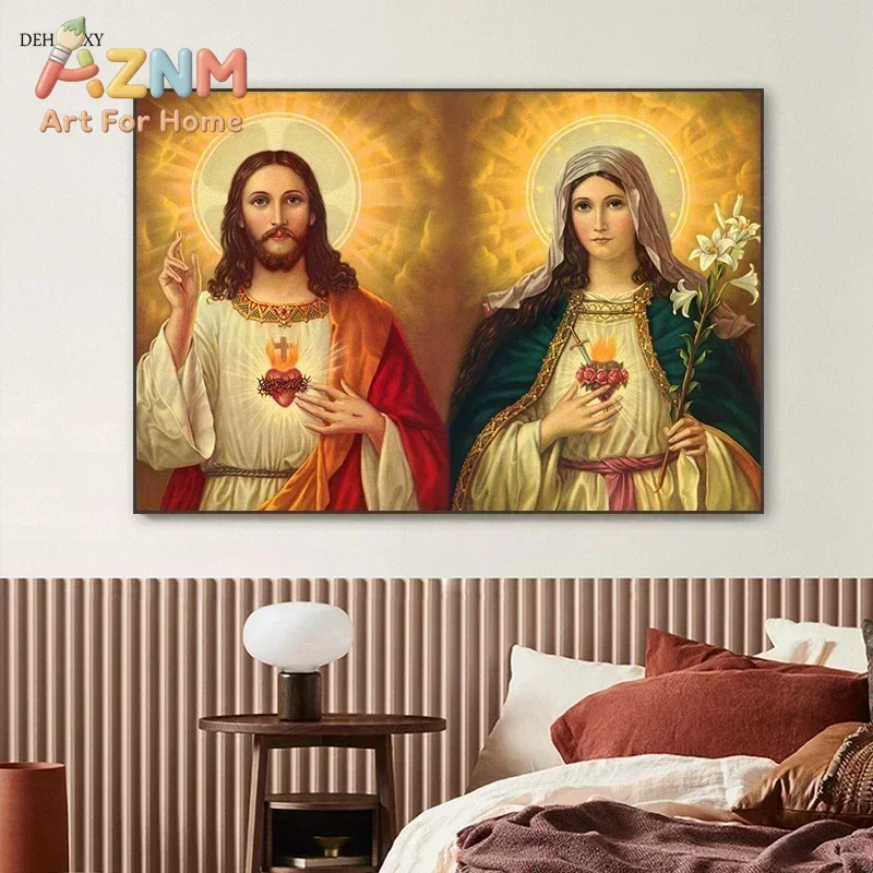 1pcScandinavian Vintage Wall Art Virgin Mary and Sacred Heart of Jesus Christian HD Poster Prints Home Bedroom Living Room Decor