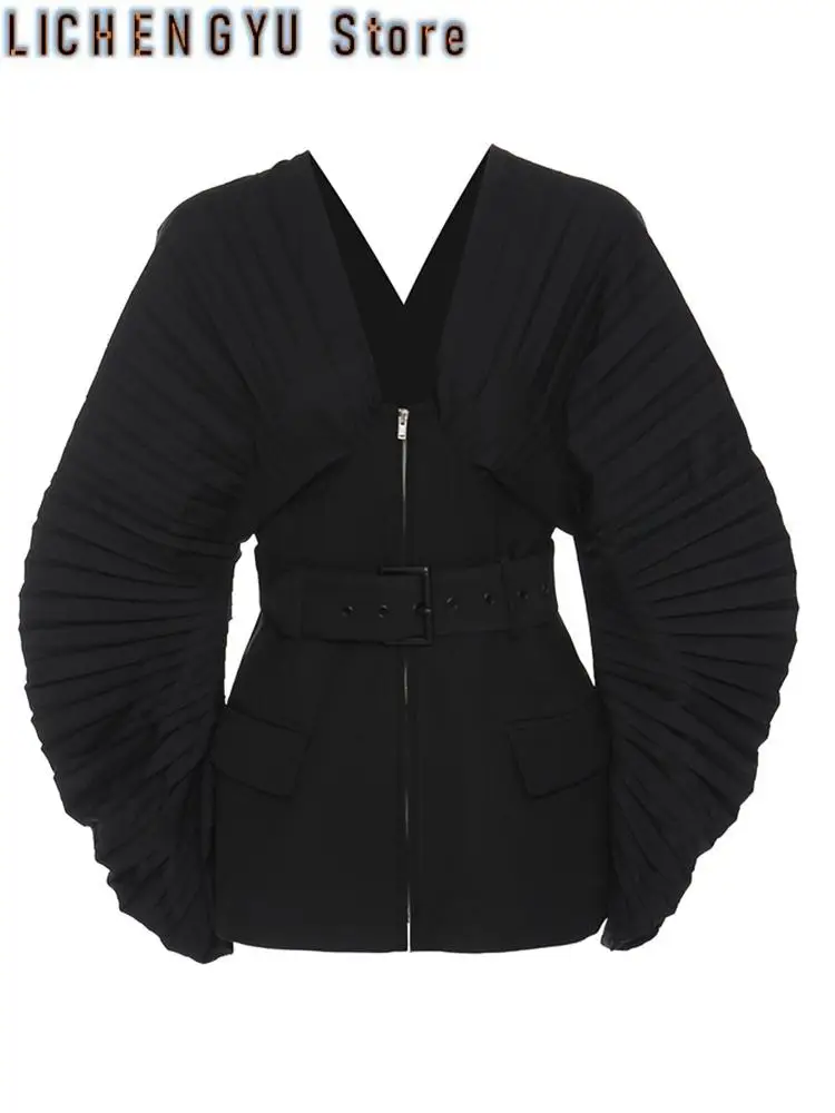 Women Black Pleated Belt Temperament Blazer New V-collarLong Sleeve Loose Fit Jacket Fashion Spring Autumn