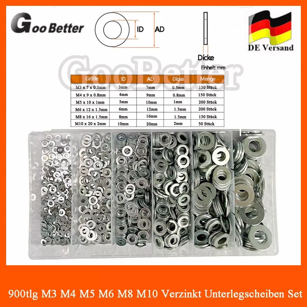 

900pcs M3 M4 M5 M6 M8 M10 Galvanized Steel Flat Washer Metal Gasket Plain Washers Rings Assortment Kit