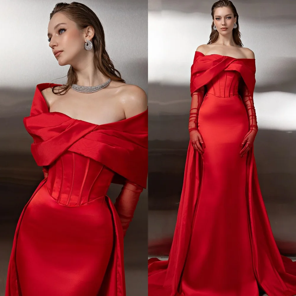 

Роскошное красное атласное вечернее платье русалки по индивидуальному заказу, современные платья для выпускного вечера с открытыми плечами, платья со шлейфом для особых случаев