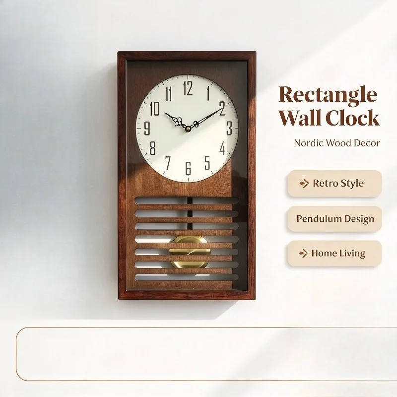 Nordic Solid Wood Wall Clock, Simple Living Room Quartz Clock, Swinging Vintage New Chinese Style Music Chime Clock
