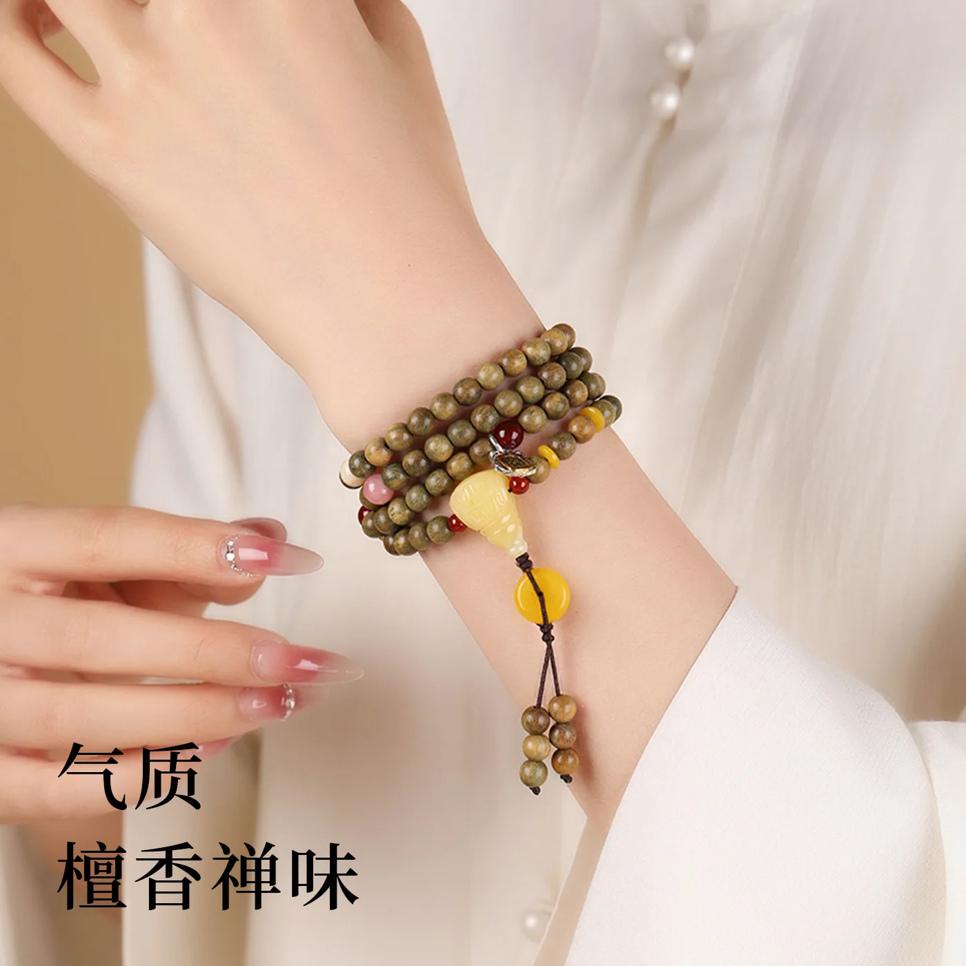 Premium Old Green Sandalwood Bracelet 108 High Oil High Density Round Beads Buddhist Prayer Beads for Meditation Gifts