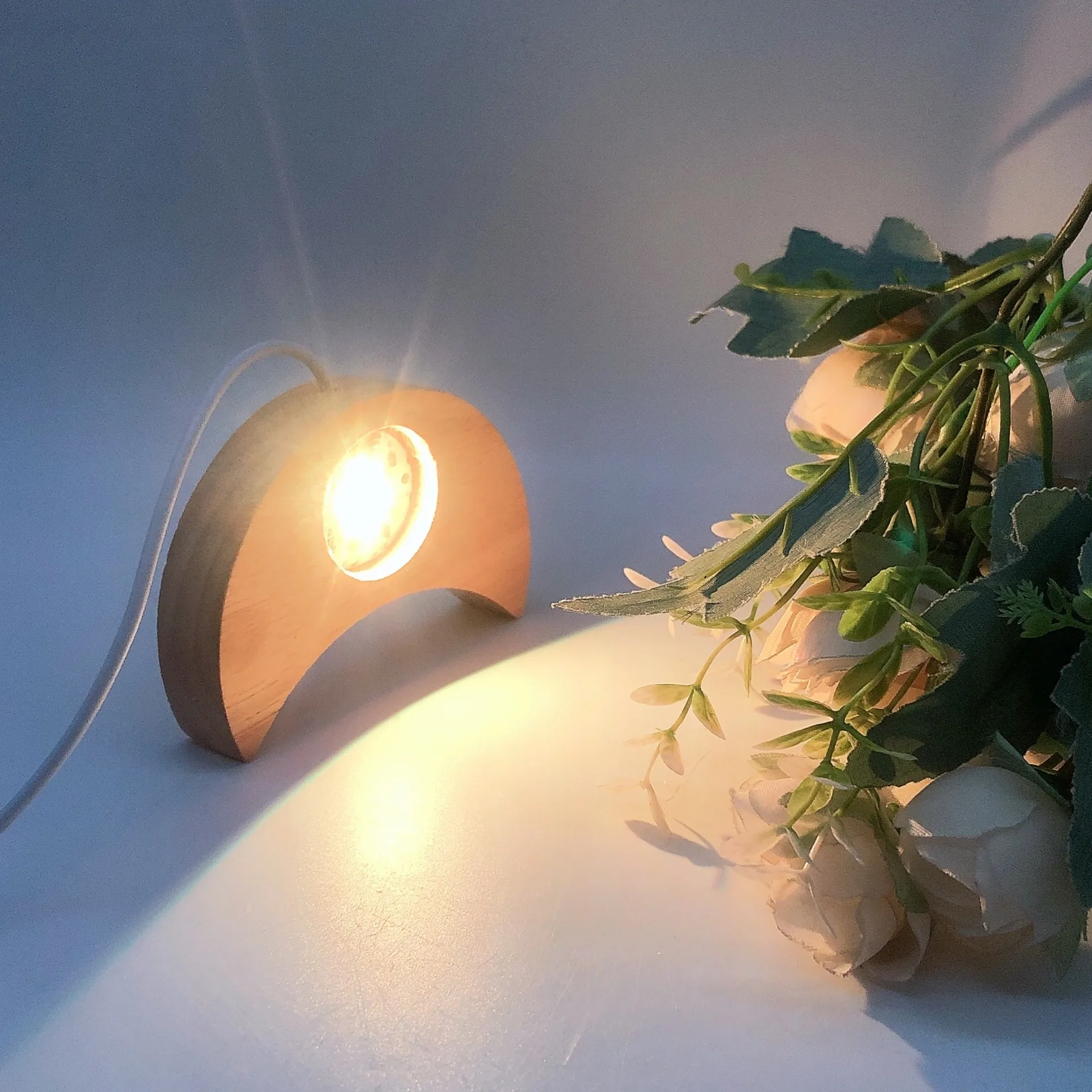 Moon Shape Wooden LED Light Display Base Crystal Sphere Stand Ball Holder Night Lamp Rotating Stand Home Decor Christmas view 6